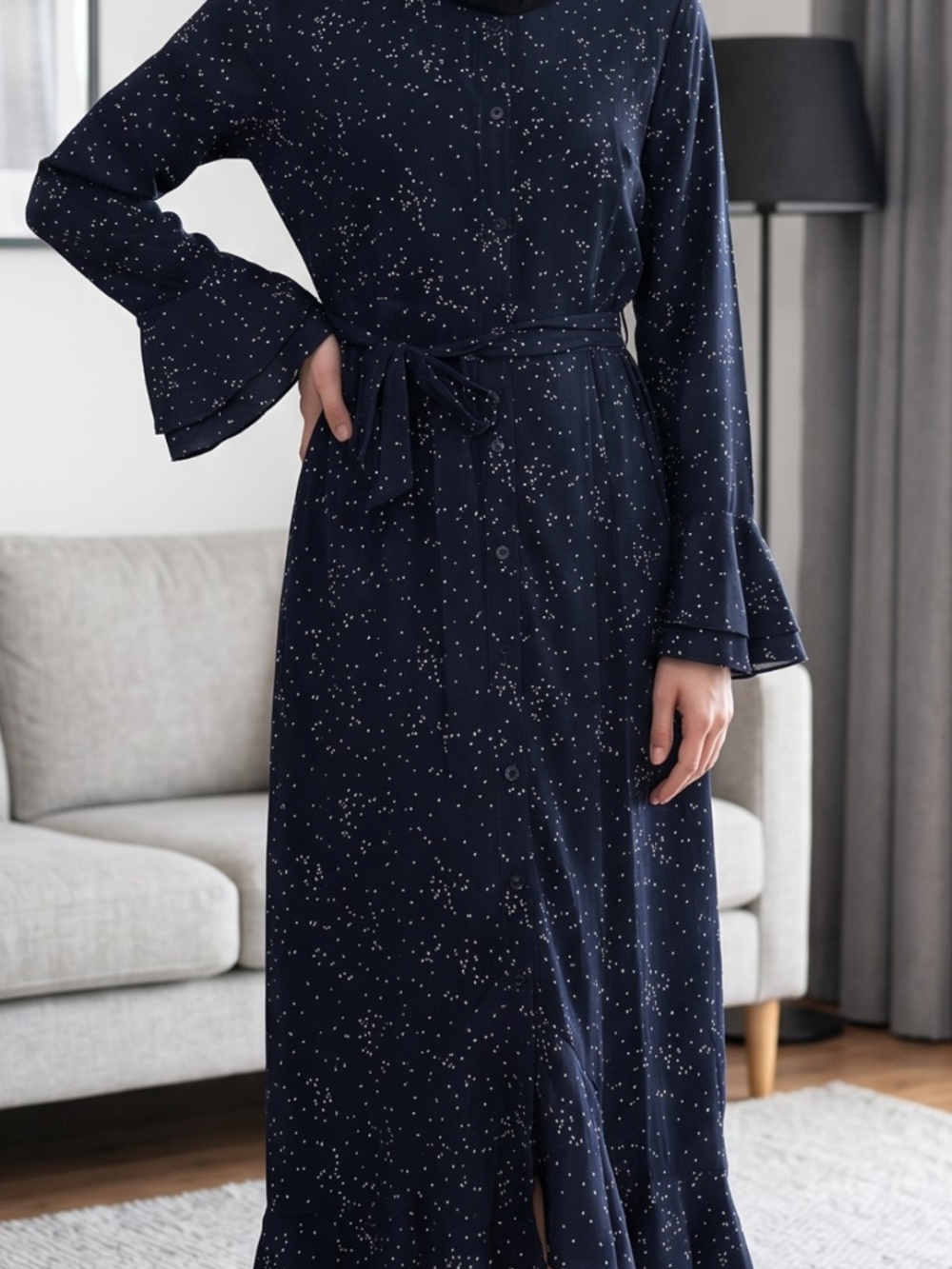 Women's Navy Drop-Print Long  Dress